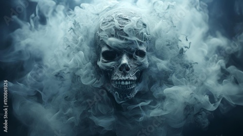 A skull is surrounded by smoke and steam, giving the impression of a ghostly