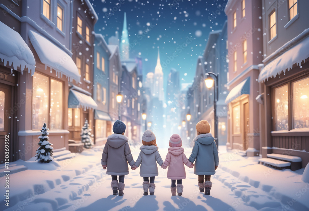 Children walking hand-in-hand in snowy holiday town Children walking hand-in-hand in snowy holiday town