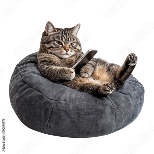 Tabby cat sitting on an armchair and holding a phone, isolated on white background