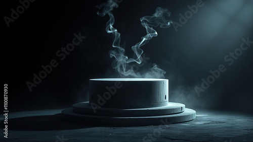 concrete platform podium with smoke rising from the surface in a dark environment on a black background,  industrial,  ambient light