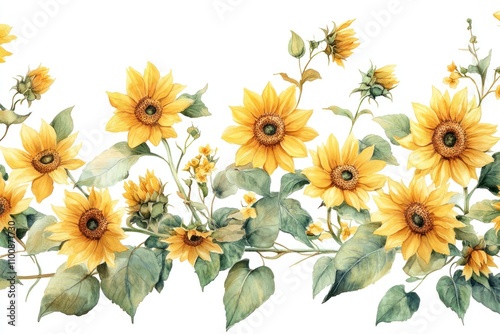 Wallpaper Mural Watercolor illustration of a seamless border of yellow sunflowers with green leaves on white background. Torontodigital.ca