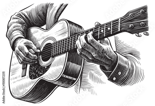 hand playing acoustic guitar, close up on musical instrument Relaxation Music sketch engraving drawing hand drawn vector illustration