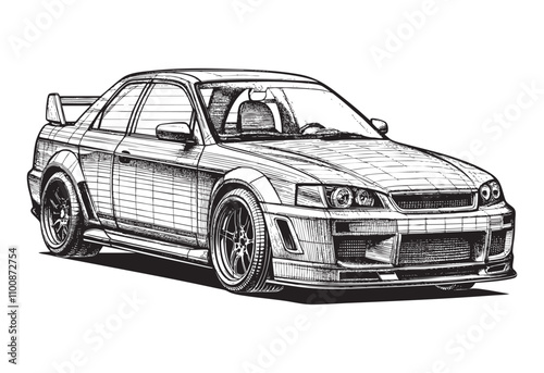 modified jdm car sketch engraving drawing hand drawn vector illustration