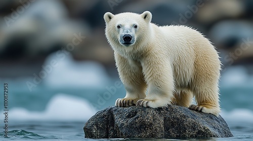 A polar bear stands on a rock in the sea, illustrating the themes of climate change and the challenges faced by wildlife. photo