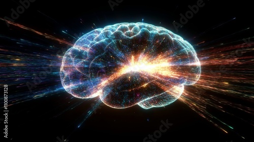 Glowing Translucent Human Brain with Vibrant Energy Lines in Photorealistic CGI Animation for AI Deep Learning and Data Analysis Concepts photo