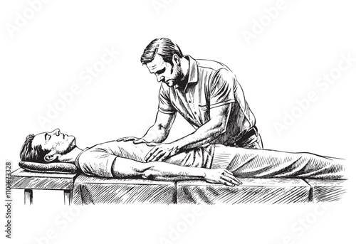 masseur chiropractor doing massage sketch engraving drawing hand drawn vector illustration