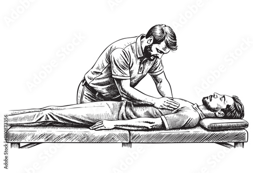 masseur chiropractor doing massage sketch engraving drawing hand drawn vector illustration