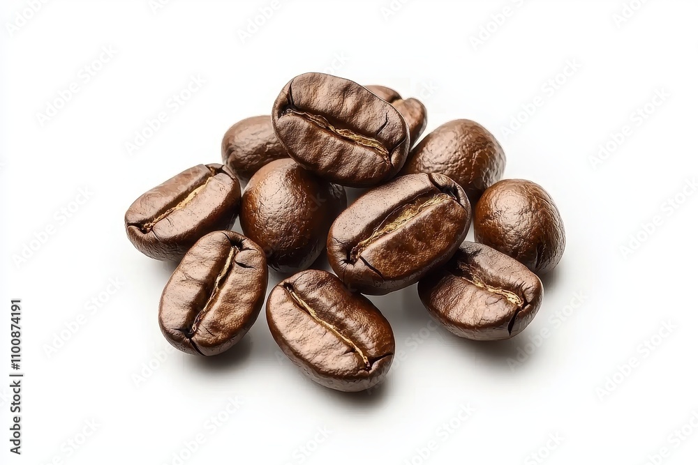 Naklejka premium Aromatic Pile of Roasted Coffee Beans on White Background