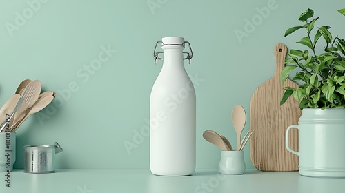 White Swing-Top Bottle Mockup in Minimalist Kitchen Setting photo