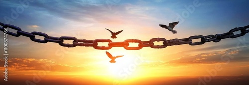 Freedom and Liberation Concept with Broken Chain Silhouette and Flying Birds Against Sunset Sky photo