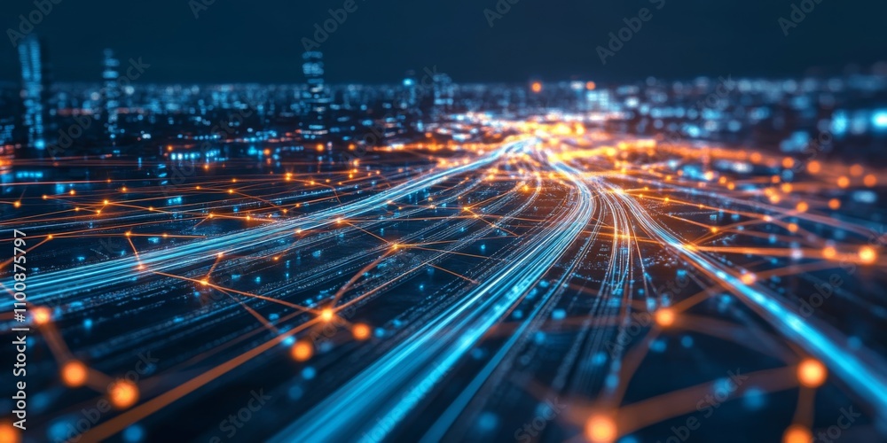 Fototapeta premium Glowing data highways connecting skyscrapers
