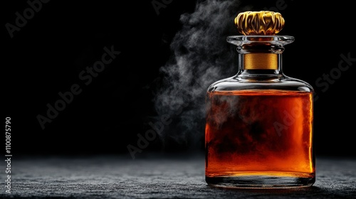 Decanter of Fine Whiskey with Steam Rising, Dark Background