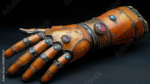 Ornate Steampunk-Style Gauntlet with Gemstones