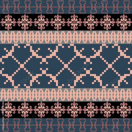 Art Abstract with Pixel Art Designs. Traditional Cross Stitch needlework. Geometric Ethnic Pattern, Embroidery, Textile Ornamental, Fabric, Hand Stitch Pattern, Cultural Stitching Pixel Art