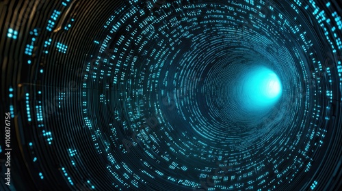 A mesmerizing digital tunnel filled with glowing blue data streams, creating a sense of depth and futuristic technology.