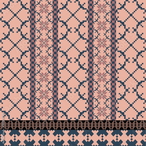 Art Abstract with Pixel Art Designs. Traditional Cross Stitch needlework. Geometric Ethnic Pattern, Embroidery, Textile Ornamental, Fabric, Hand Stitch Pattern, Cultural Stitching Pixel Art
