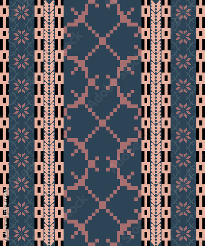 Art Abstract with Pixel Art Designs. Traditional Cross Stitch needlework. Geometric Ethnic Pattern, Embroidery, Textile Ornamental, Fabric, Hand Stitch Pattern, Cultural Stitching Pixel Art