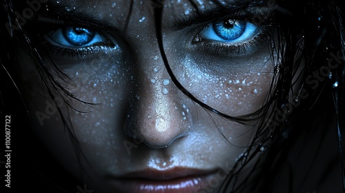 Close-up Portrait of a Woman with Intense Blue Eyes and Wet Skin