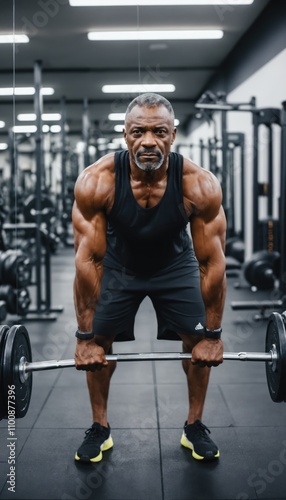 Muscular aging black man exercise in a black outfit powerlifting in a gym photo