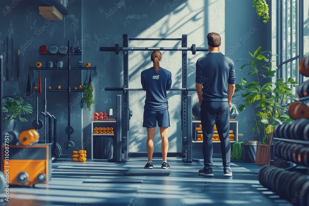 Fototapeta premium A personal trainer provides guidance to a woman while she prepares for a workout in a gym.