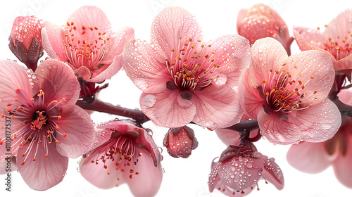 Row of pink flowers adorned with water droplets.