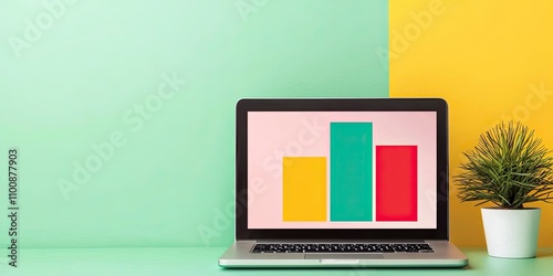 A laptop displaying colorful bar graphs sits on a desk with a green and yellow background, complemented by a small potted plant.