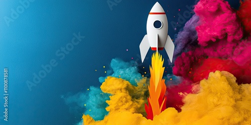 Business sales pipeline success concept. A colorful rocket launches into a cloud of vibrant smoke, symbolizing innovation, creativity, and adventure in a dynamic visual representation.