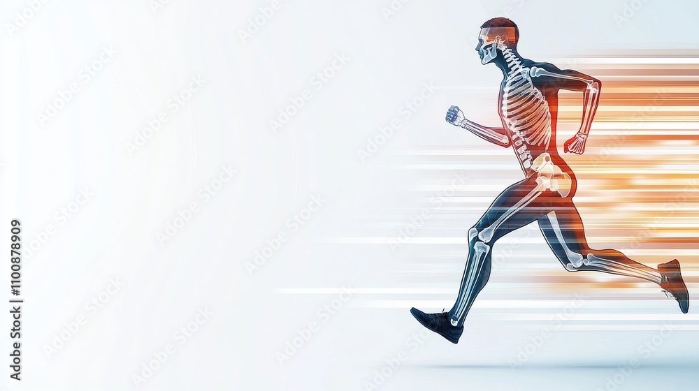 Naklejka premium A dynamic image of a skeletal figure running, symbolizing speed and movement, with motion blur effects enhancing the sense of urgency and energy.