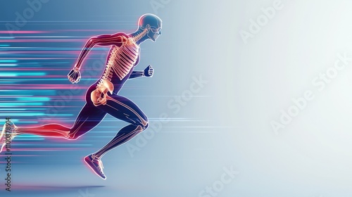 A dynamic illustration of a running figure with visible skeletal structure, showcasing speed and motion through vibrant lines and colors.