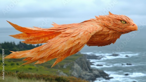 Wooden Phoenix Sculpture Soaring Above Coastal Cliffs photo