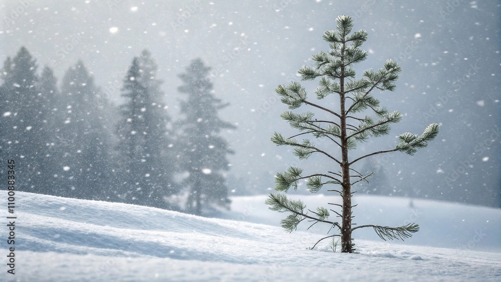 Fototapeta premium A lone pine branch stands tall in the midst of a snowstorm with falling snowflakes gently hitting its surface, snowflake, frosty, pine, evergreen