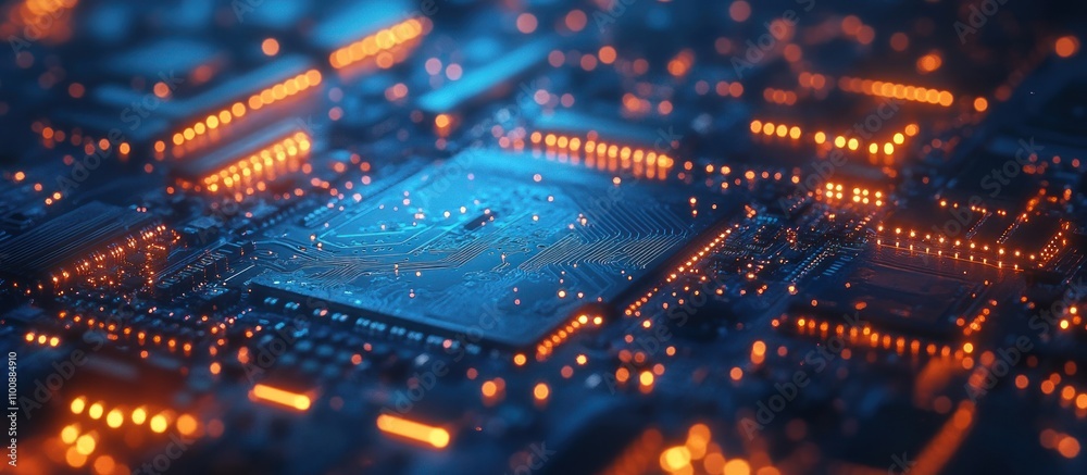 Obraz premium Close-up view of a circuit board with glowing orange lights.