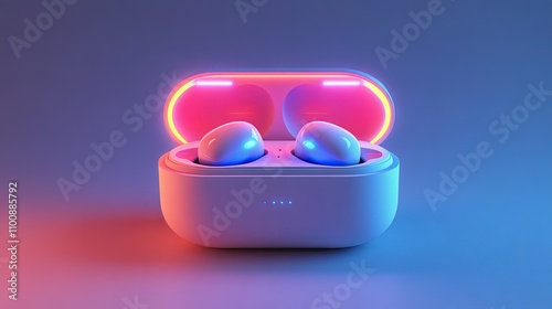  A futuristic wireless earbud set with a sleek charging case, featuring glowing LED indicators and soft matte textures, displayed in a dynamic floating composition with a transparent background 
