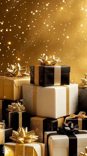 Elegant Stack of Gold and Black Christmas Presents Against a Sparkling Gold Background