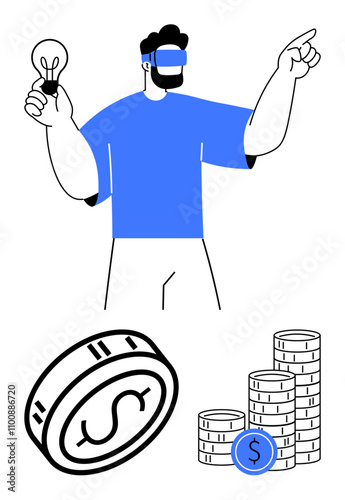 Man wearing VR headset holding light bulb and pointing forward, with coin and stacked money symbols below. Ideal for finance, innovation, virtual reality, technology, investments, personal finance