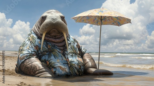 Walrus on Beach Vacation Relaxing Under a Parasol photo