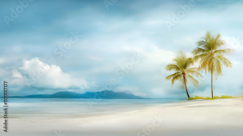 a tropical beach with palm trees and soft, white sand