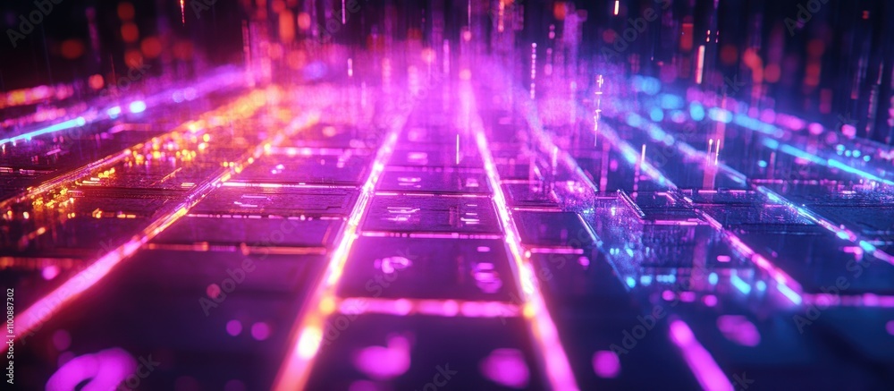 Obraz premium Abstract background with glowing neon lines and blurred lights.