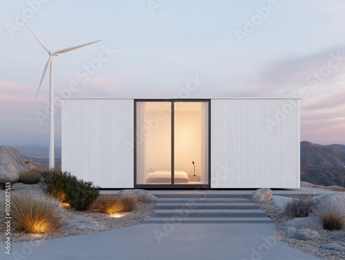 Modern Minimalist Home in Desert Landscape with Wind Turbine, Evening Sunset Lighting, Sustainable Architecture, Outdoor Serenity, Nature Integration photo