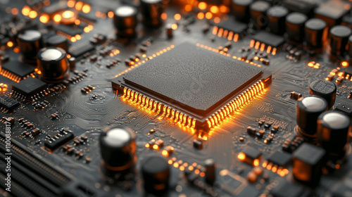 detailed close-up shot of a central computer processor, symbolizing the core of digital technology, with microchips and motherboard elements showing connectivity and complexity in modern computing photo