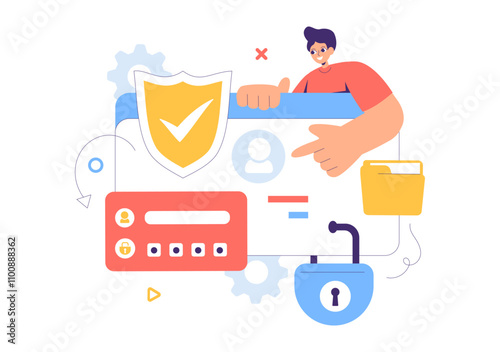 Cyber Security Vector Illustration of Data Protection, Safety Measures, and Secure Systems for Networks, Internet, and Backup Servers in a Background