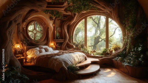 Cozy bedroom in magical tree house, fairy house and room interior in mystical enchanted forest, AI generated image