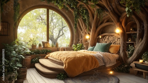 Cozy bedroom in magical tree house, fairy house and room interior in mystical enchanted forest, AI generated image
