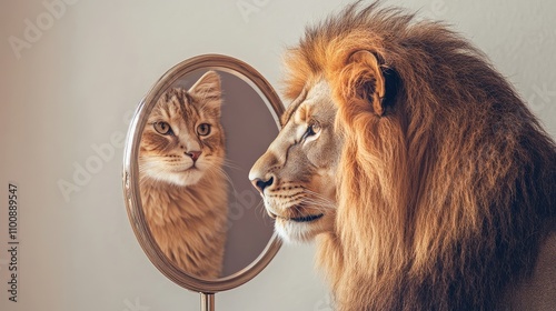 A Playful Contrast Between a Majestic Lion and a Curious Domestic Cat Gazing Into a Mirror, Reflecting Identity and Self-Perception in Animal Kingdom