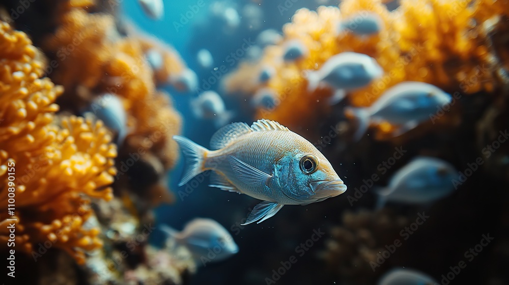 A school of fish swims in deep blue waters, illustrating the beauty and diversity of marine habitats. A school of fish swims in deep blue waters, illustrating the beauty and diversity of marine habitats.