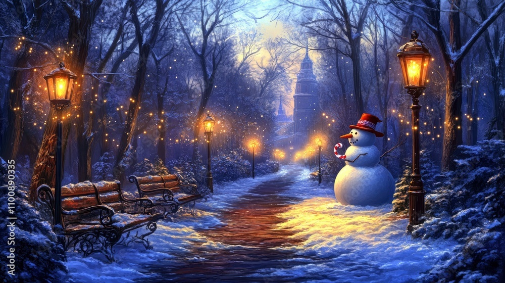 Fototapeta premium Enchanting Winter Wonderland Snowman in a Snow-Covered Park with Christmas Lights