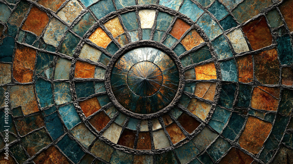 Fototapeta premium A vibrant, circular mosaic design featuring earthy tones and intricate patterns, showcasing artistic craftsmanship and color harmony.