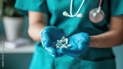 A healthcare professional in scrubs administering medication to a patient at home. photo