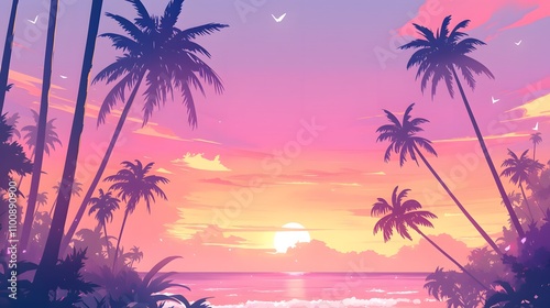 Pastel sunset sky framed by palm trees in lofi anime style