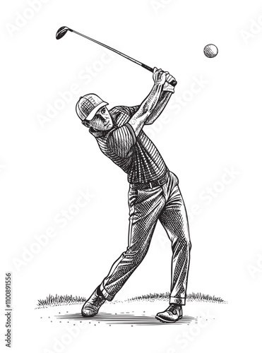 golf player Golfer hit sweeping driver after hitting golf ball sketch engraving drawing hand drawn vector illustration